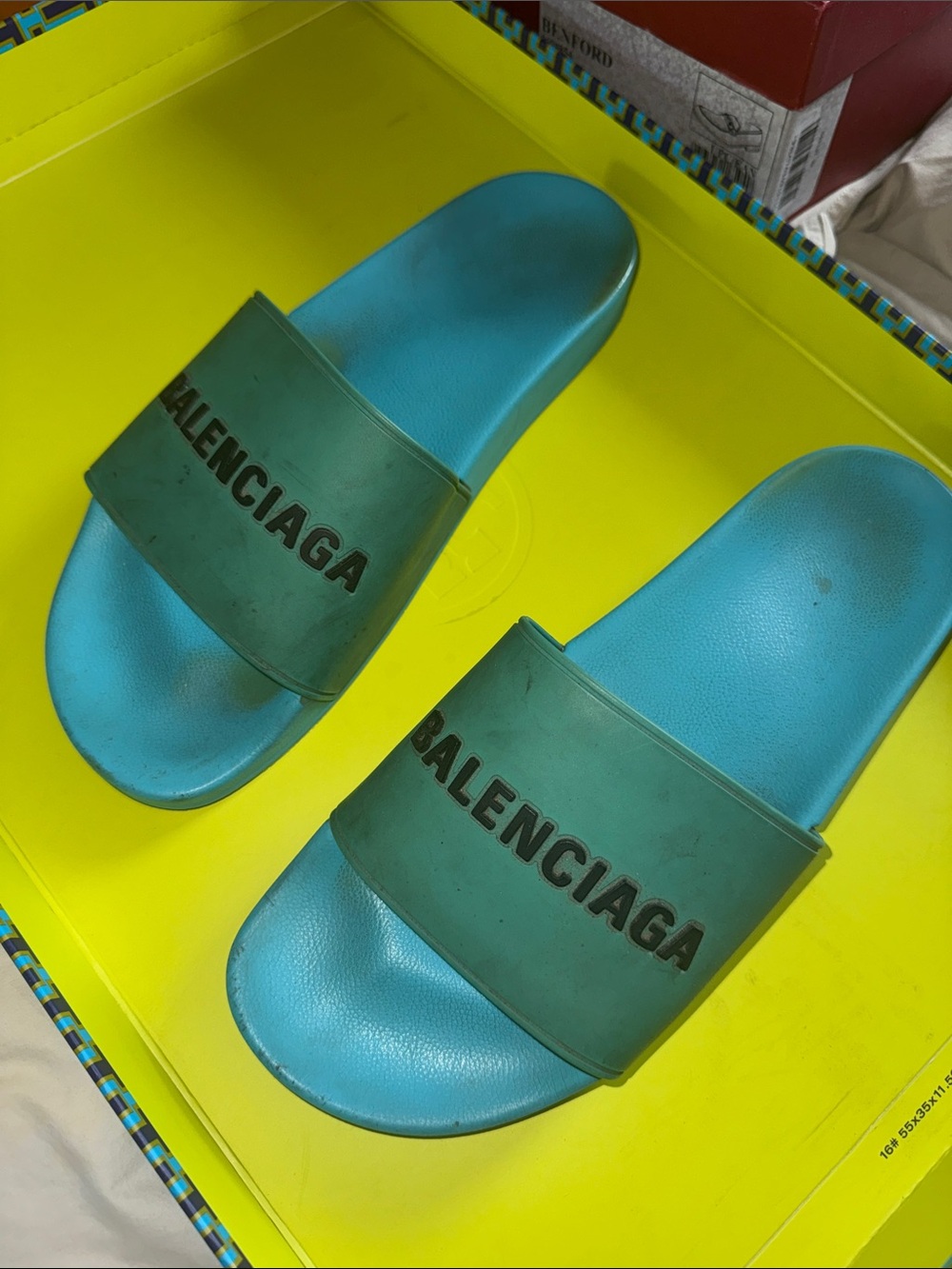 Balenciaga Turquoise and Teal Slide Sandals